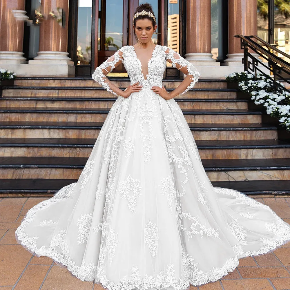 Long Sleeve A-Line Sexy Deep V Neck Lace Wedding Dress Beaded Chapel Train Vintage Bridal Gown