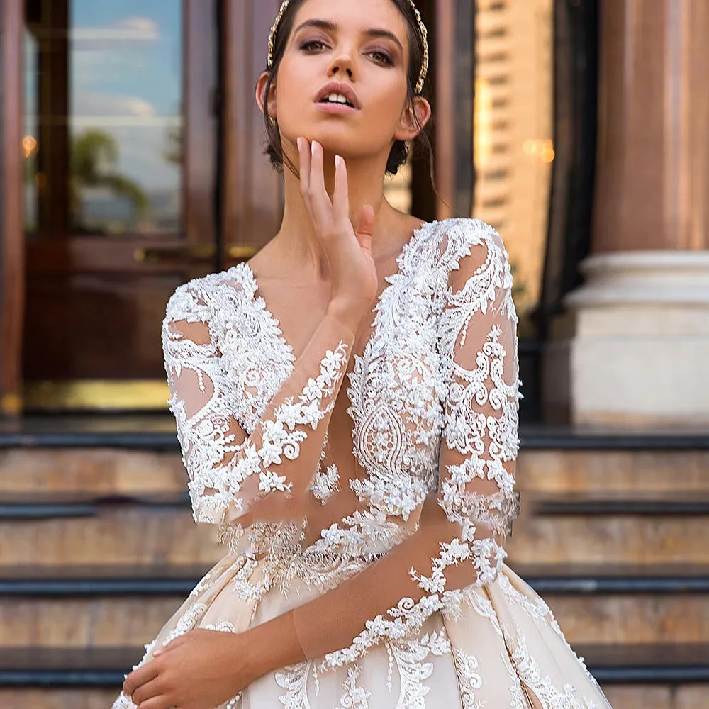 Long Sleeve A-Line Sexy Deep V Neck Lace Wedding Dress Beaded Chapel Train Vintage Bridal Gown