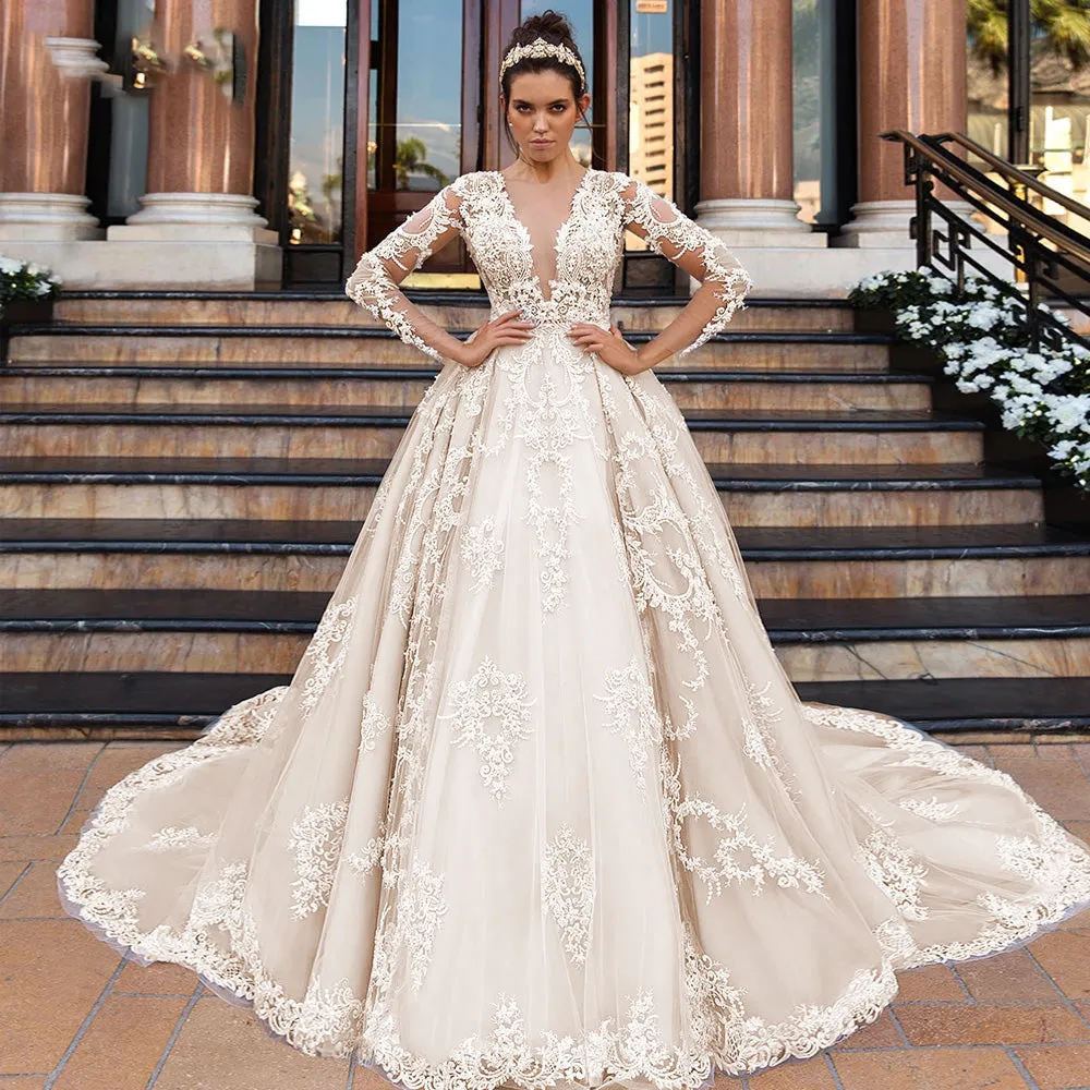 Long Sleeve A-Line Sexy Deep V Neck Lace Wedding Dress Beaded Chapel Train Vintage Bridal Gown