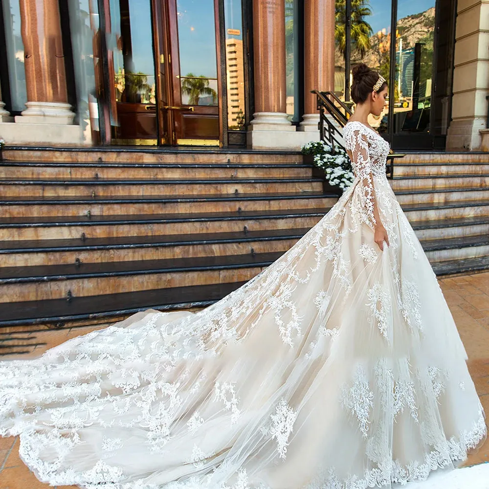 Long Sleeve A-Line Sexy Deep V Neck Lace Wedding Dress Beaded Chapel Train Vintage Bridal Gown