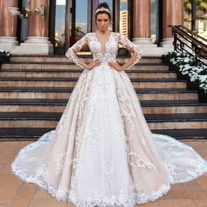 Long Sleeve A-Line Sexy Deep V Neck Lace Wedding Dress Beaded Chapel Train Vintage Bridal Gown