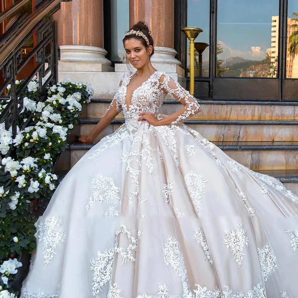 Long Sleeve A-Line Sexy Deep V Neck Lace Wedding Dress Beaded Chapel Train Vintage Bridal Gown