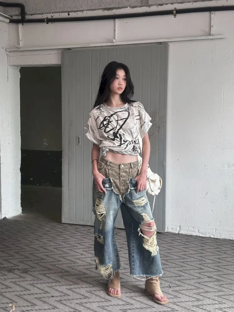 Low-rise ripped camouflage patchwork denim【s0000008505】