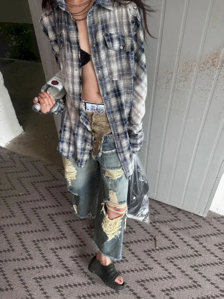 Low-rise ripped camouflage patchwork denim【s0000008505】