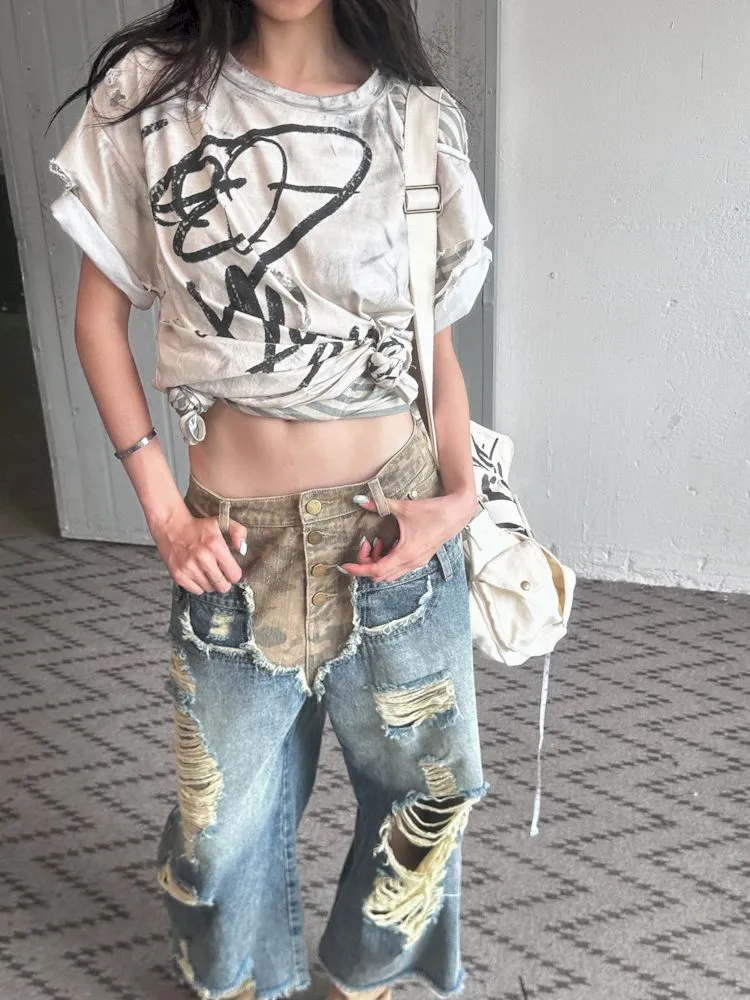 Low-rise ripped camouflage patchwork denim【s0000008505】