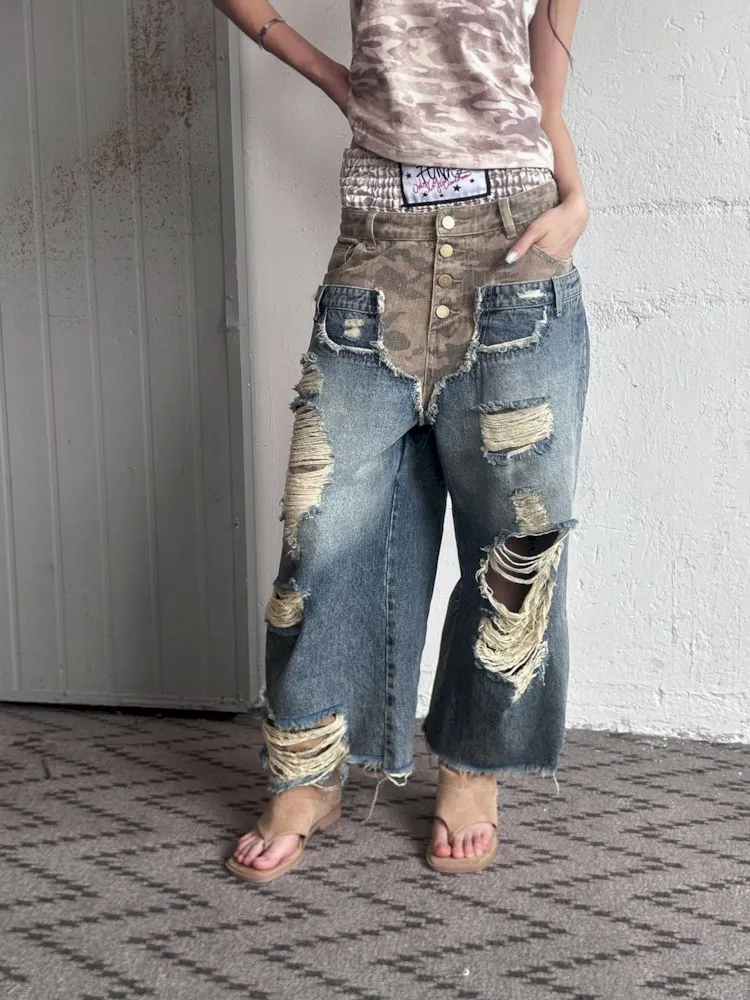 Low-rise ripped camouflage patchwork denim【s0000008505】