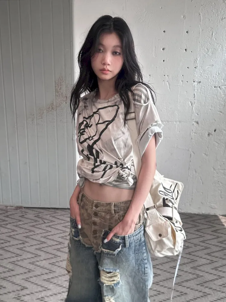 Low-rise ripped camouflage patchwork denim【s0000008505】