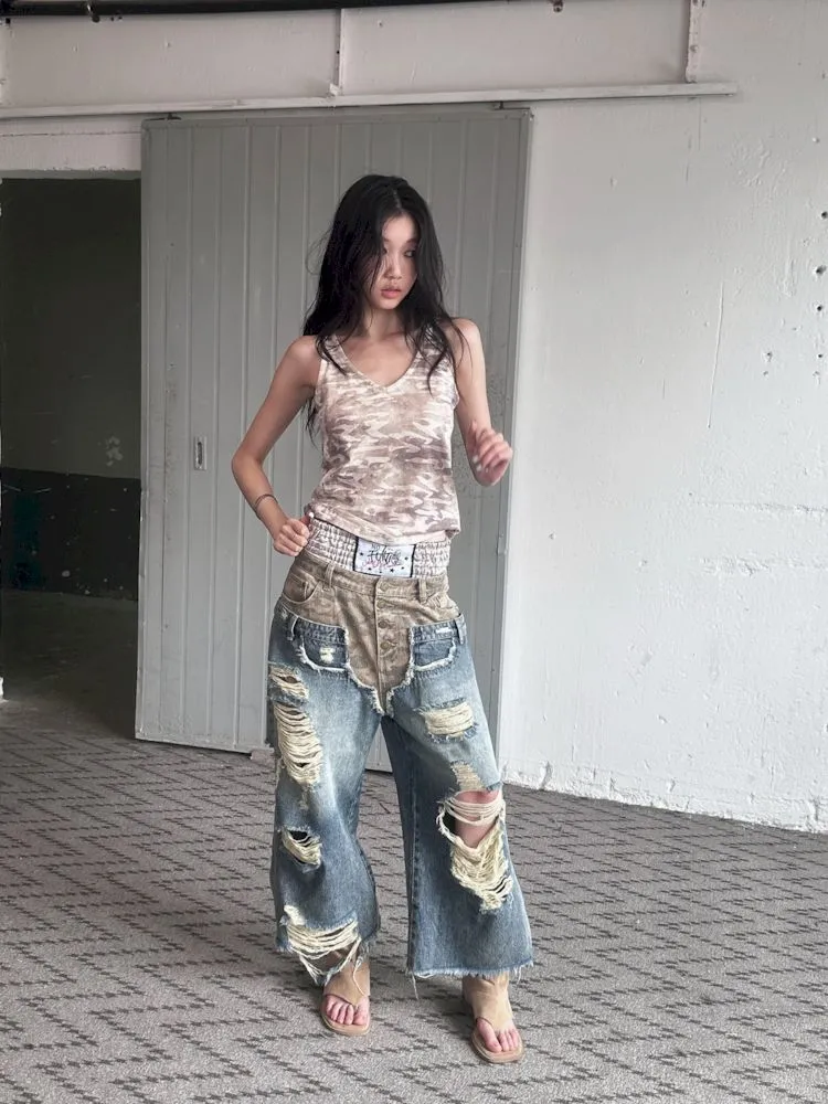 Low-rise ripped camouflage patchwork denim【s0000008505】