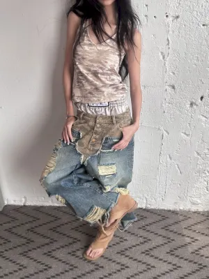 Low-rise ripped camouflage patchwork denim【s0000008505】