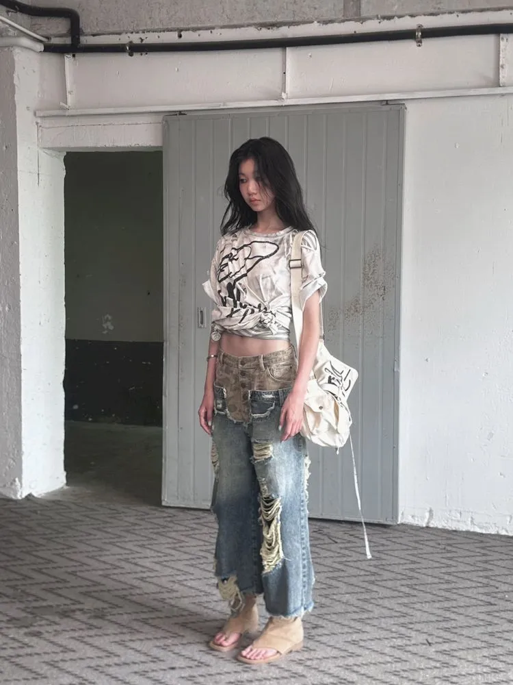 Low-rise ripped camouflage patchwork denim【s0000008505】