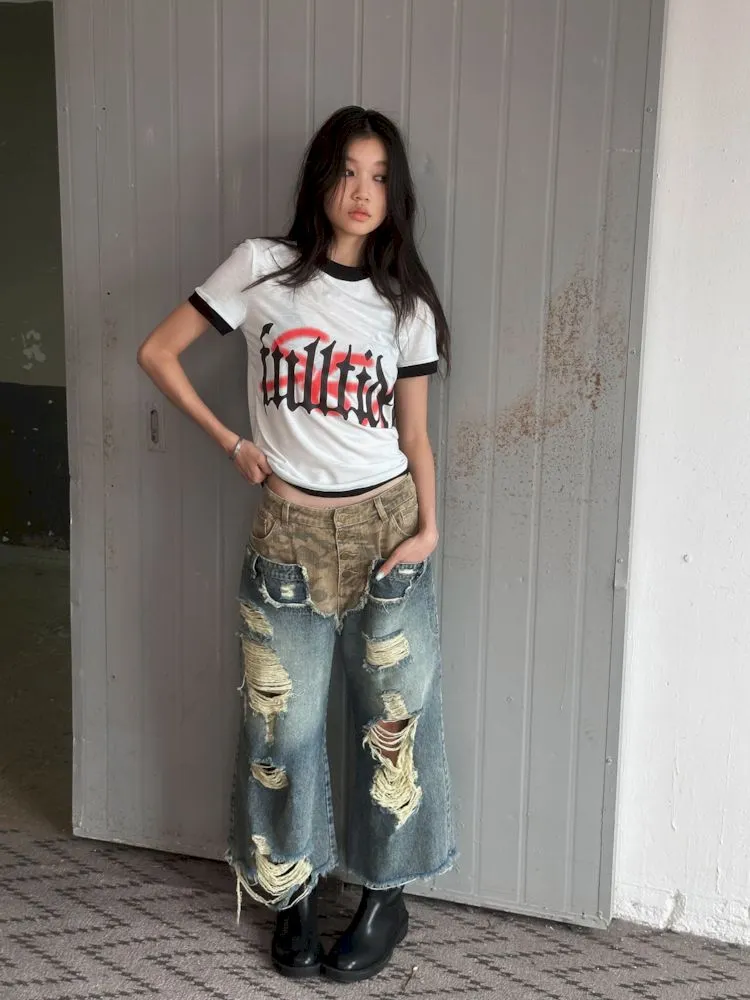 Low-rise ripped camouflage patchwork denim【s0000008505】