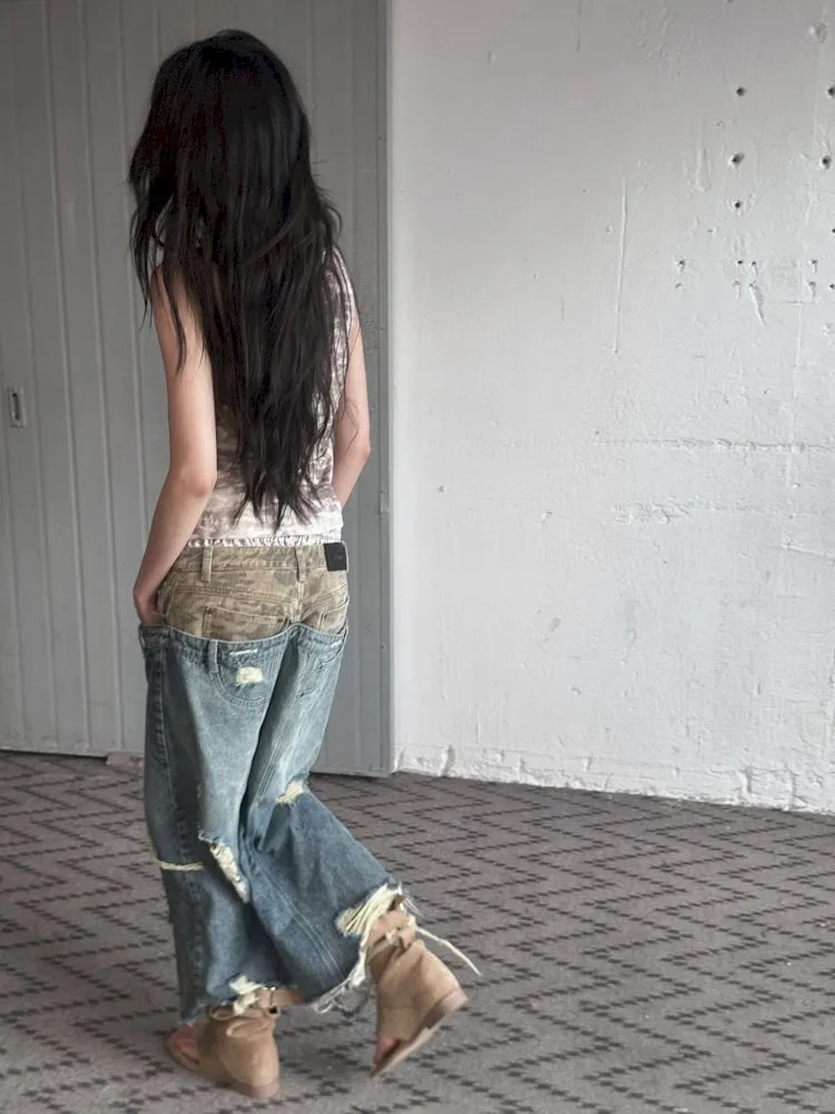 Low-rise ripped camouflage patchwork denim【s0000008505】