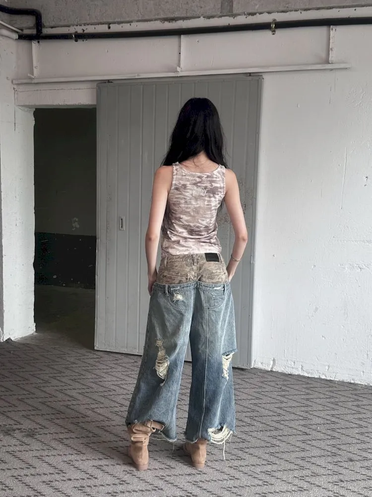 Low-rise ripped camouflage patchwork denim【s0000008505】