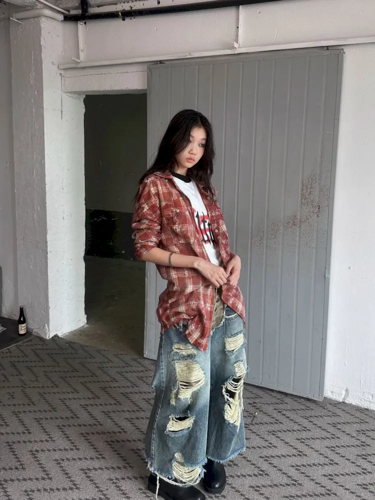 Low-rise ripped camouflage patchwork denim【s0000008505】