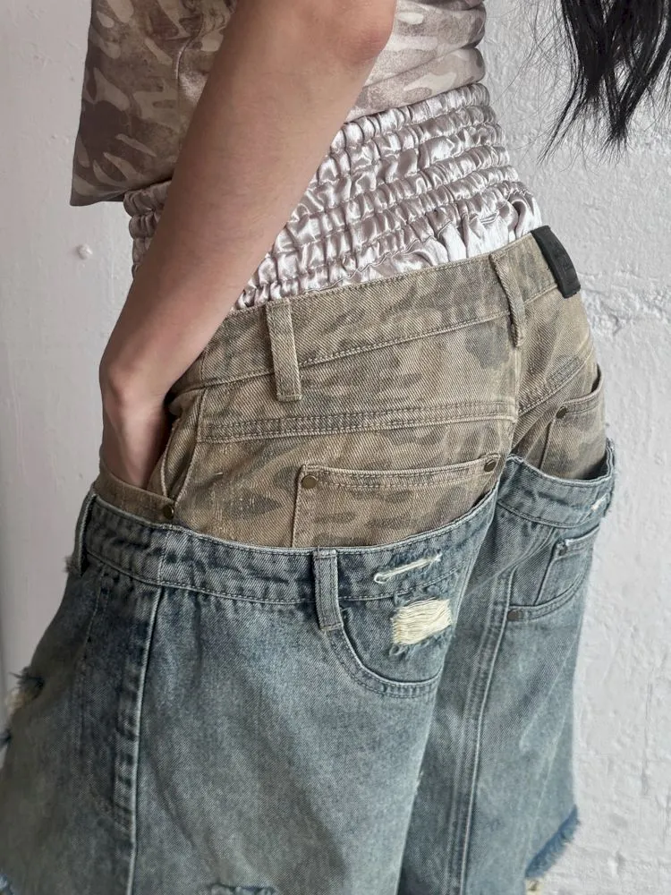 Low-rise ripped camouflage patchwork denim【s0000008505】