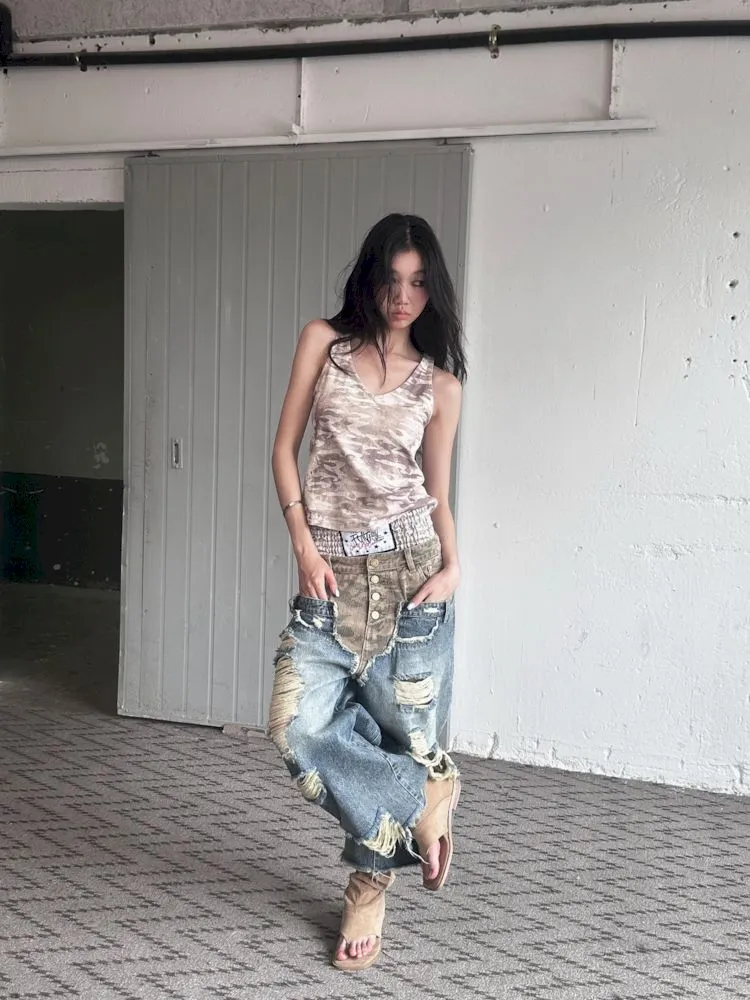 Low-rise ripped camouflage patchwork denim【s0000008505】