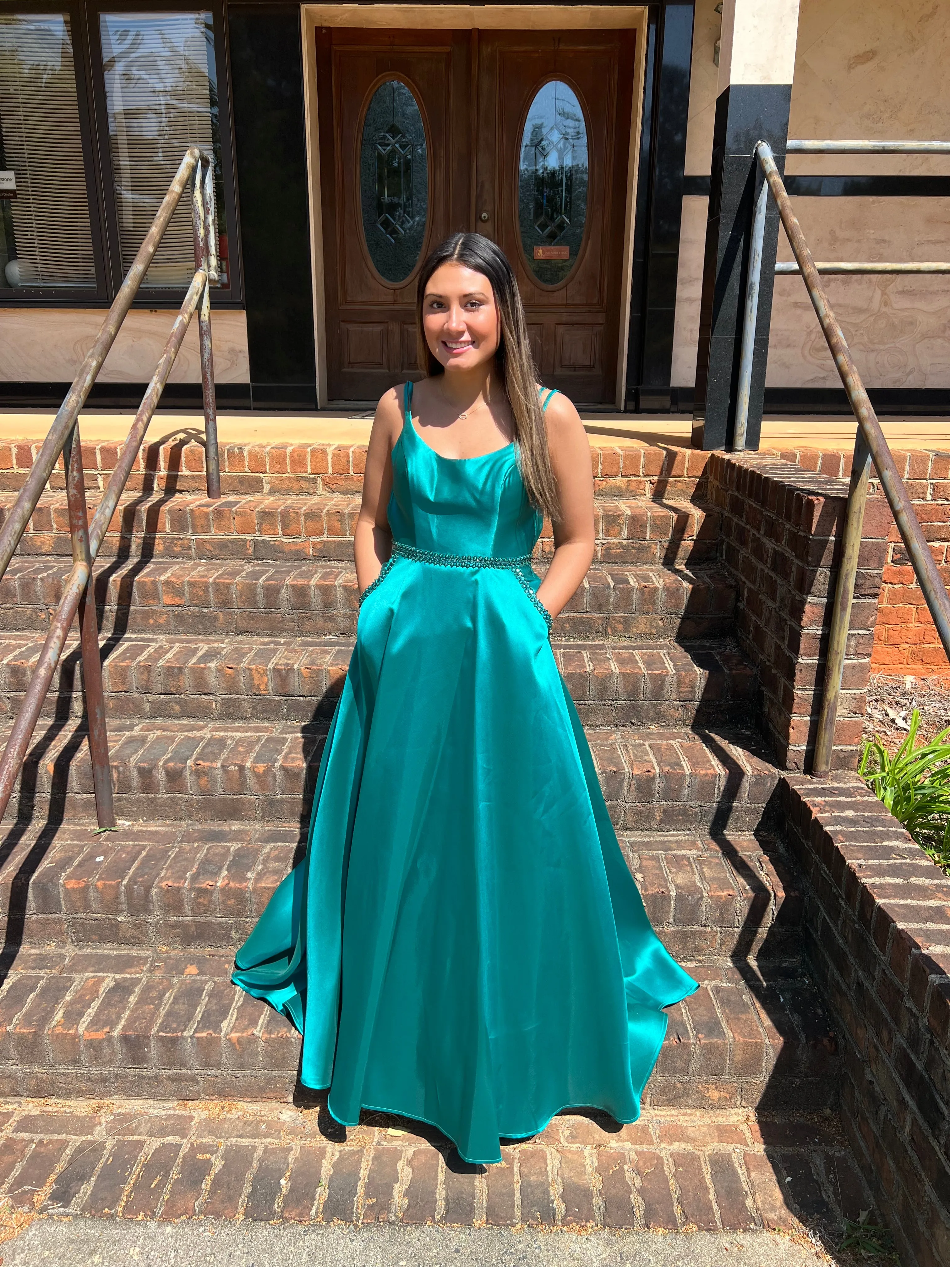 Lucci Lu 981065 Emerald Scoop Neck Mikado Ballgown with Pockets - Size 6