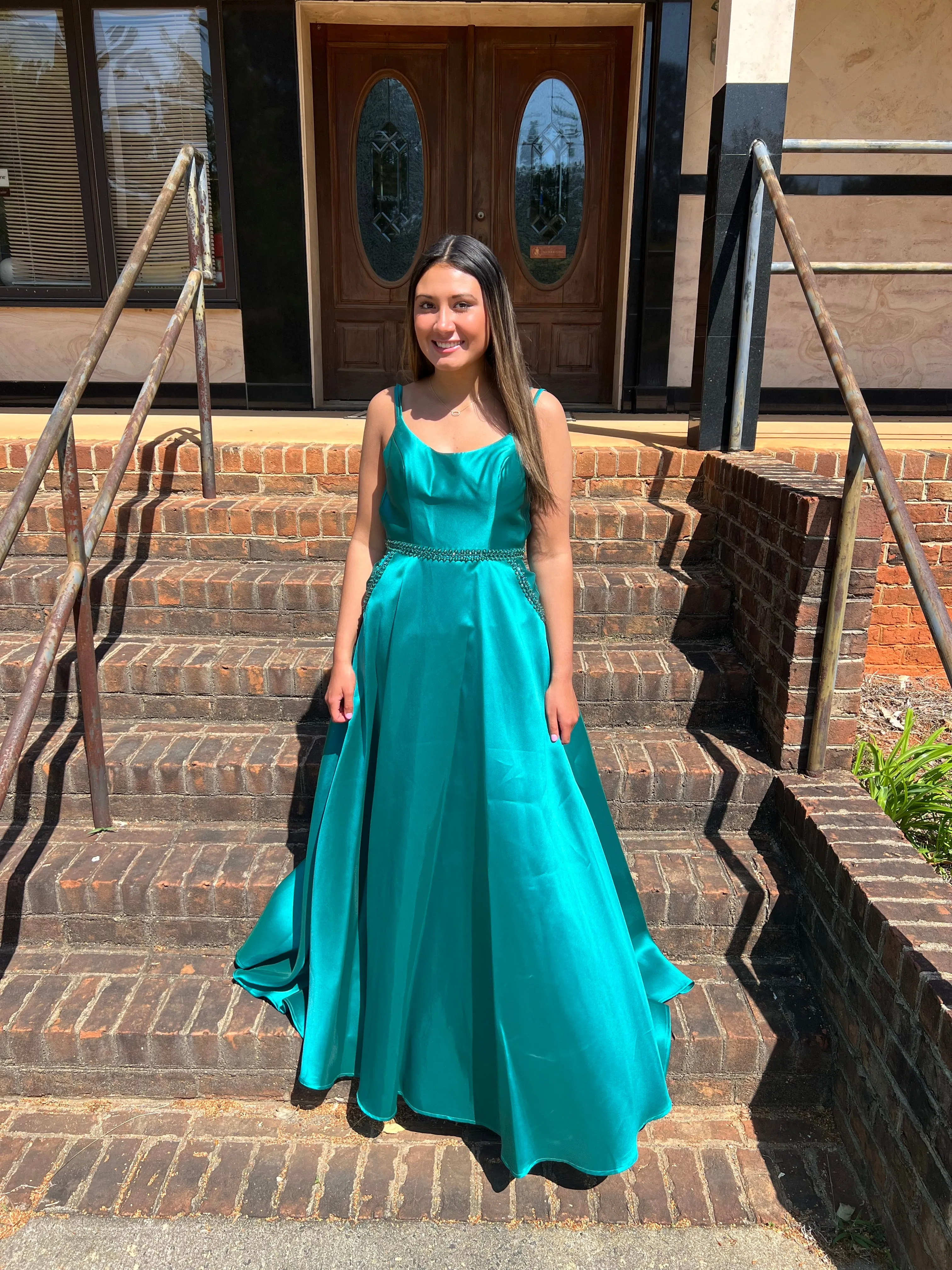Lucci Lu 981065 Emerald Scoop Neck Mikado Ballgown with Pockets - Size 6