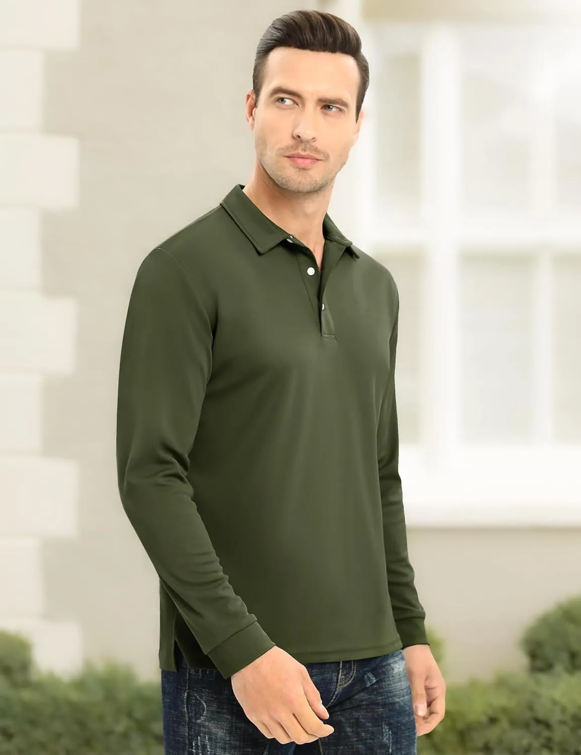 MAGCOMSEN Men's Polo Shirt Long Sleeve Golf Shirts Quick Dry Lightweight 3-Button Performance Work Fishing Athletic