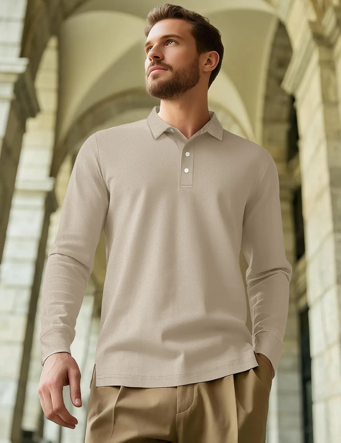 MAGCOMSEN Men's Polo Shirt Long Sleeve Golf Shirts Quick Dry Lightweight 3-Button Performance Work Fishing Athletic