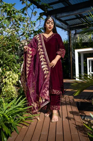 Mallika Maroon Velvet Kurta Pant Set