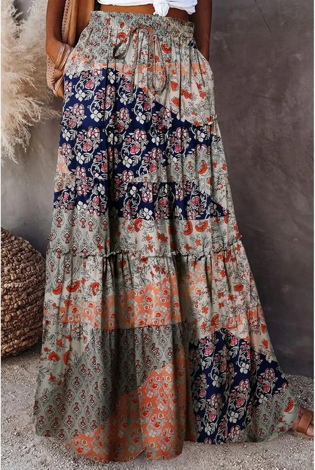Maxi Skirts for Women Boho Flowy High Waisted Tiered Long Floral Skirts Ladies Casual Bohemian Summer Clothes 2025