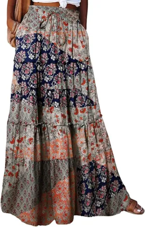 Maxi Skirts for Women Boho Flowy High Waisted Tiered Long Floral Skirts Ladies Casual Bohemian Summer Clothes 2025