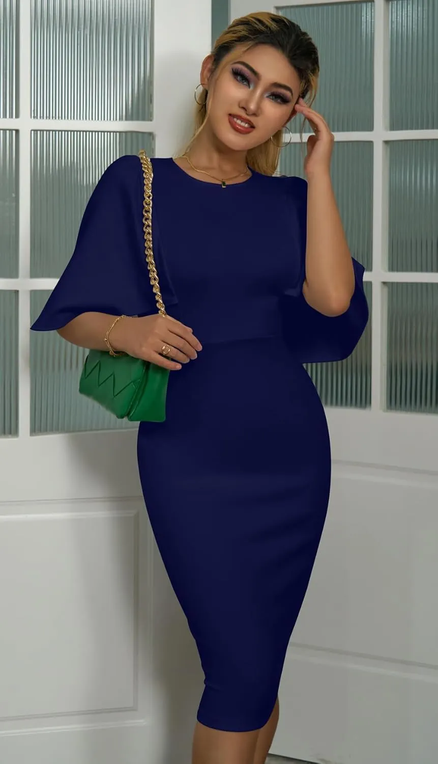 Memoriesea Women's Ruffle Flared Sleeve Bodycon Pencil Formal Cocktail Midi Dress