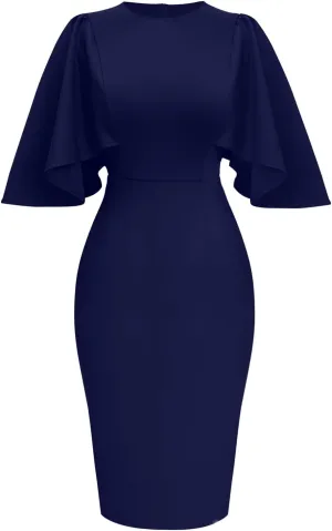 Memoriesea Women's Ruffle Flared Sleeve Bodycon Pencil Formal Cocktail Midi Dress