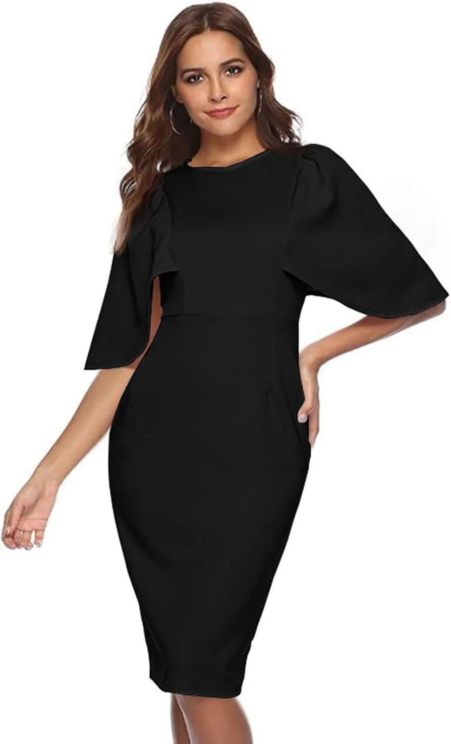 Memoriesea Women's Ruffle Flared Sleeve Bodycon Pencil Formal Cocktail Midi Dress