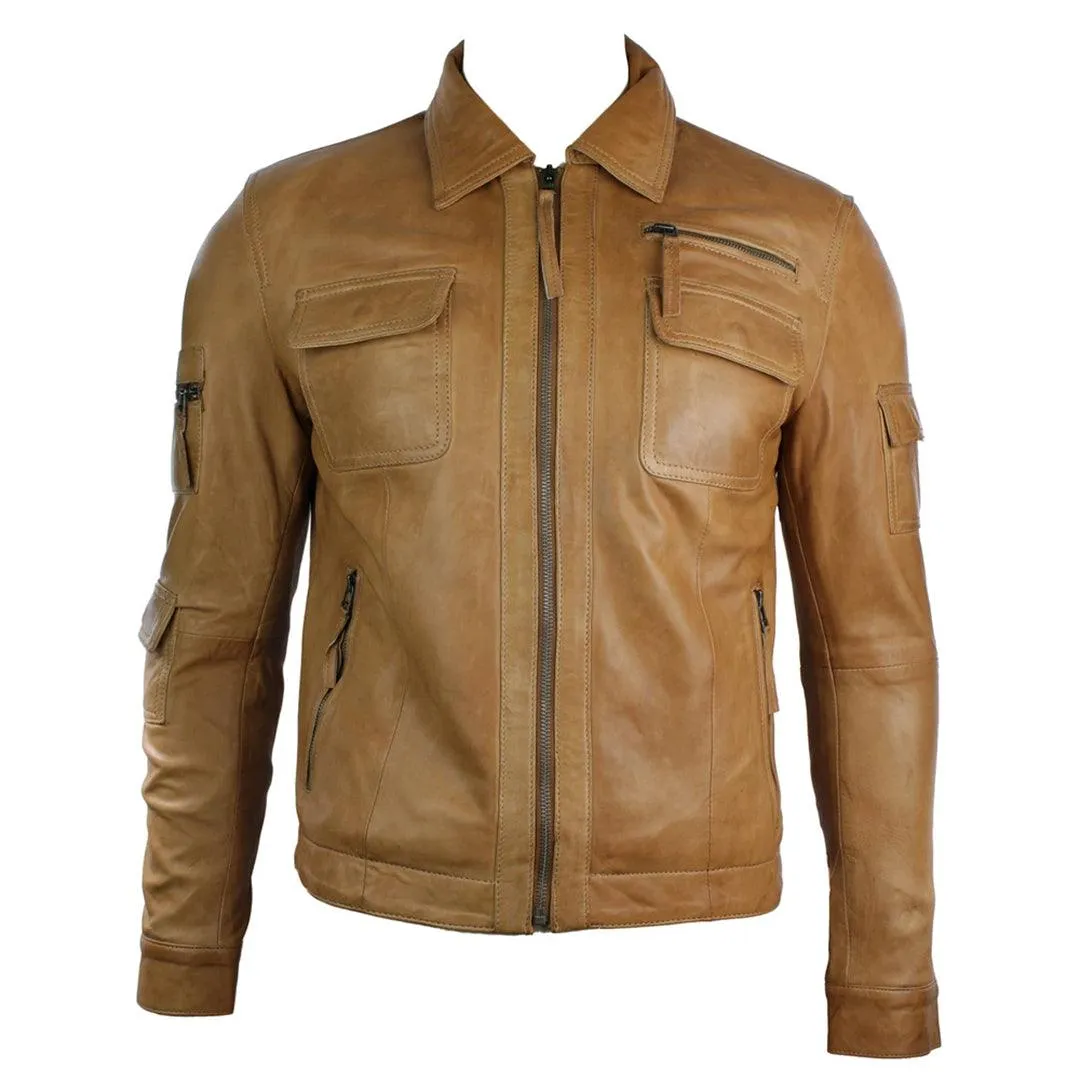 Mens Urban Vintage Short Saints Retro Leather Jacket Tan Brown Fitted Casual