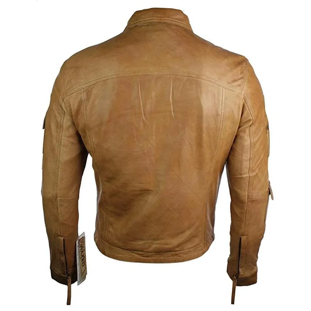 Mens Urban Vintage Short Saints Retro Leather Jacket Tan Brown Fitted Casual