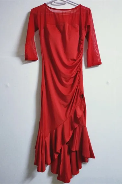 Mesh Front & Back 3/4 Sleeve Ruched Showcase & Performance Dress