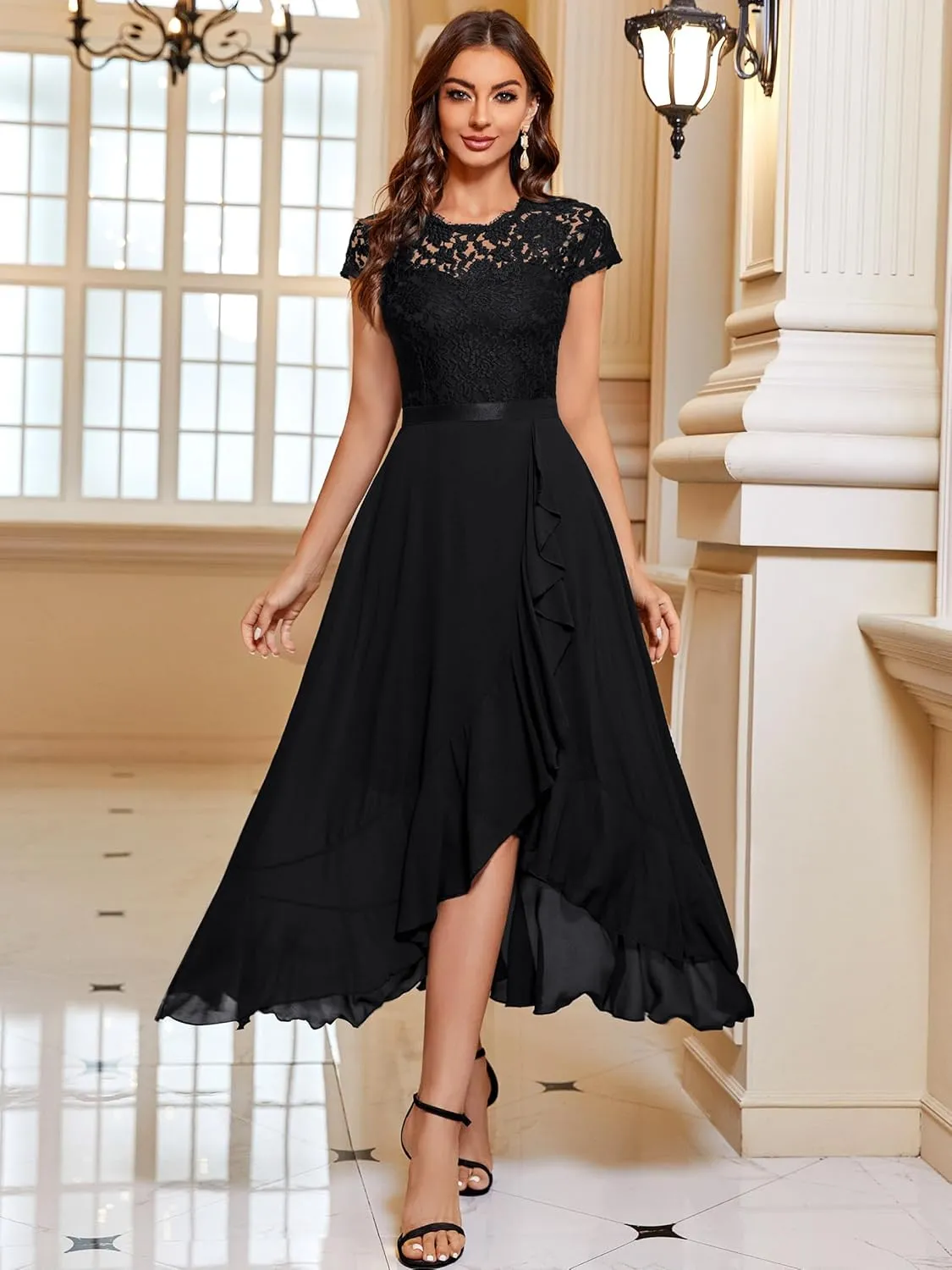Miusol Women's Retro Lace Contrast Chiffon Ruffle Evening Maxi Dress
