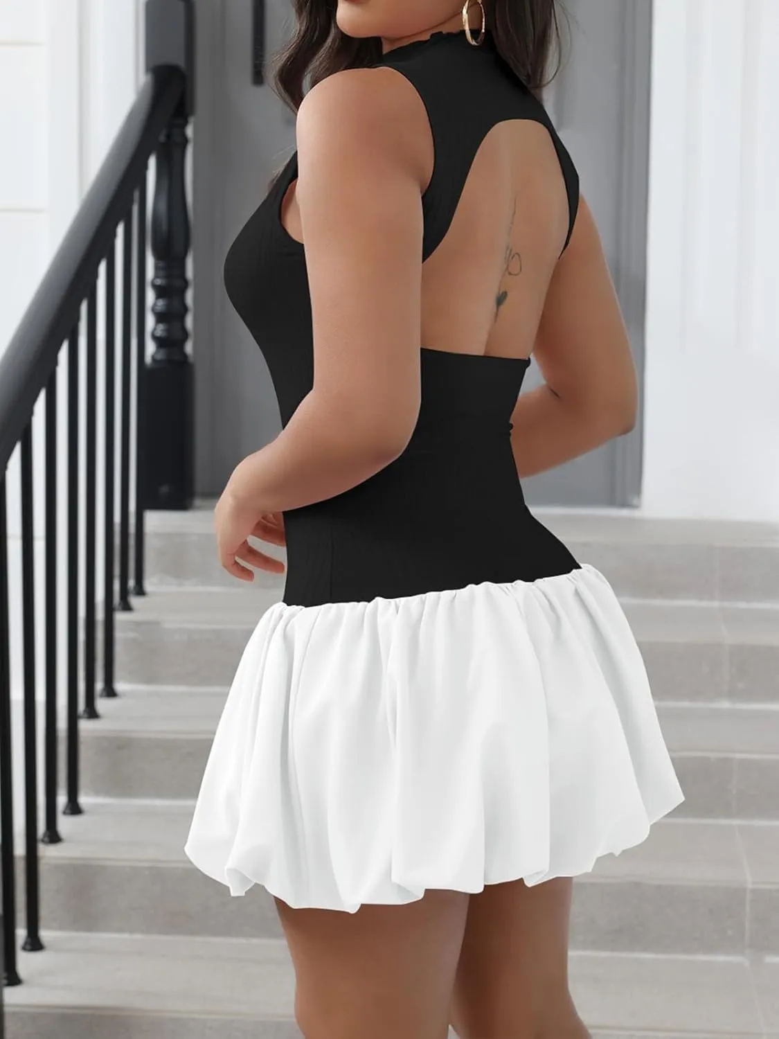 Mojessy Bubble Dress for Women Sexy Sleeveless Mock Neck Knit Mini Y2K Cute Bodycon Short Dress