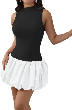 Mojessy Bubble Dress for Women Sexy Sleeveless Mock Neck Knit Mini Y2K Cute Bodycon Short Dress