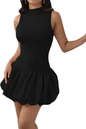 Mojessy Bubble Dress for Women Sexy Sleeveless Mock Neck Knit Mini Y2K Cute Bodycon Short Dress