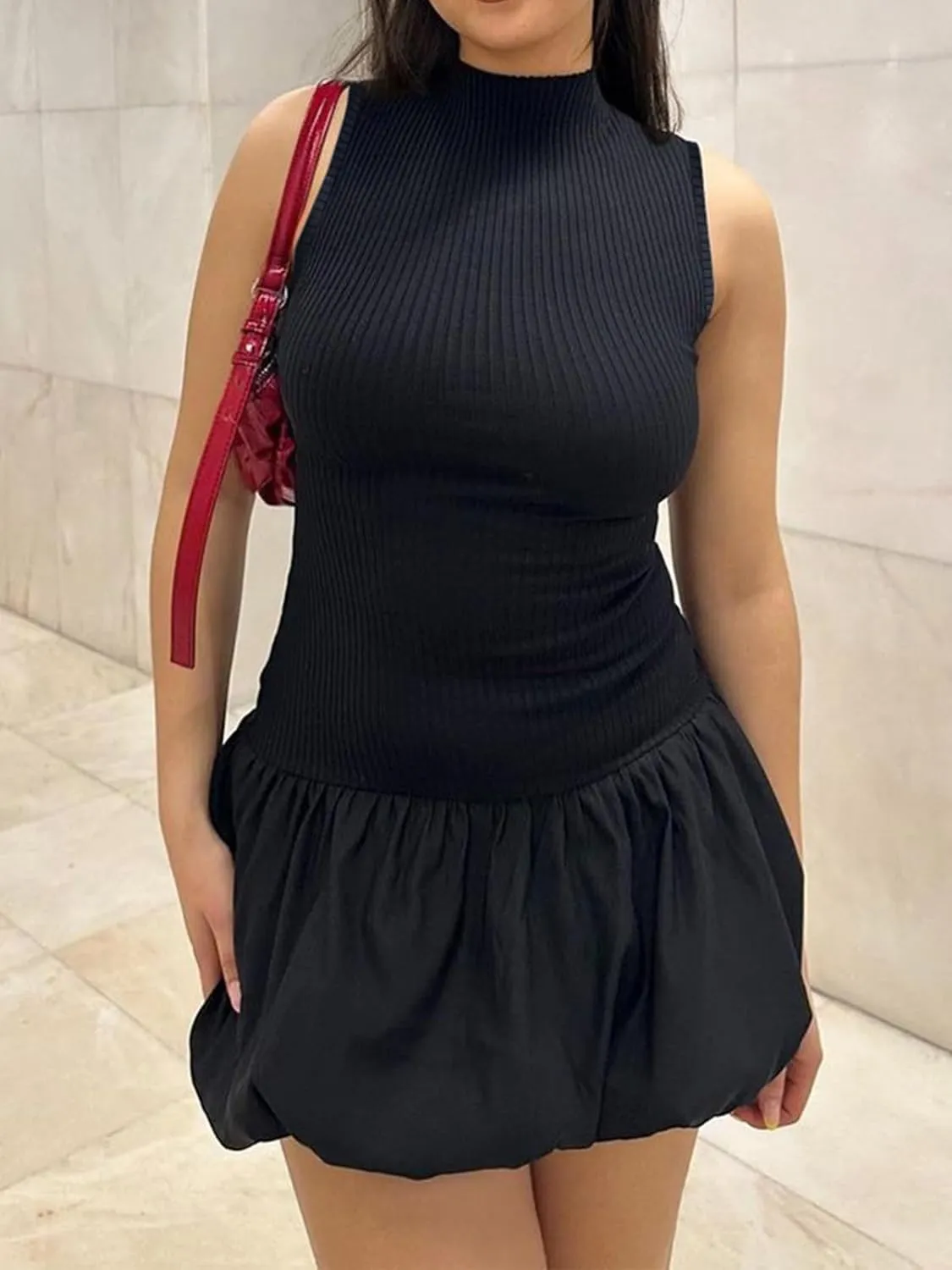Mojessy Bubble Dress for Women Sexy Sleeveless Mock Neck Knit Mini Y2K Cute Bodycon Short Dress