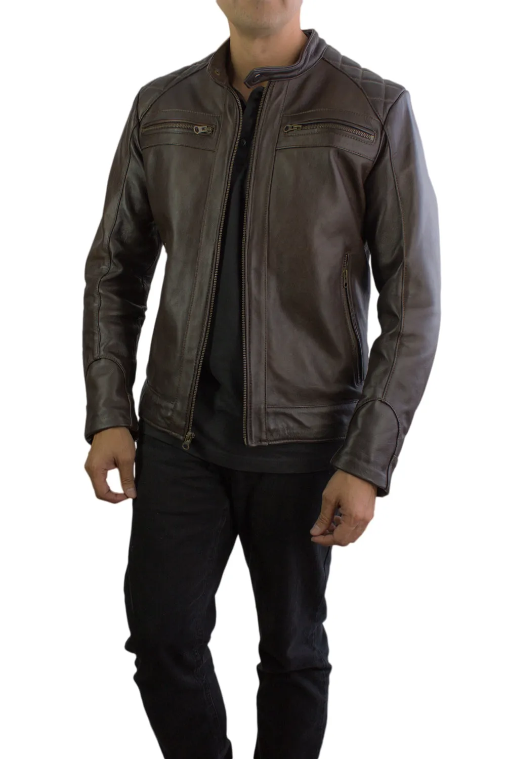 MOTO Leather Jacket  Brown Cafe Racer