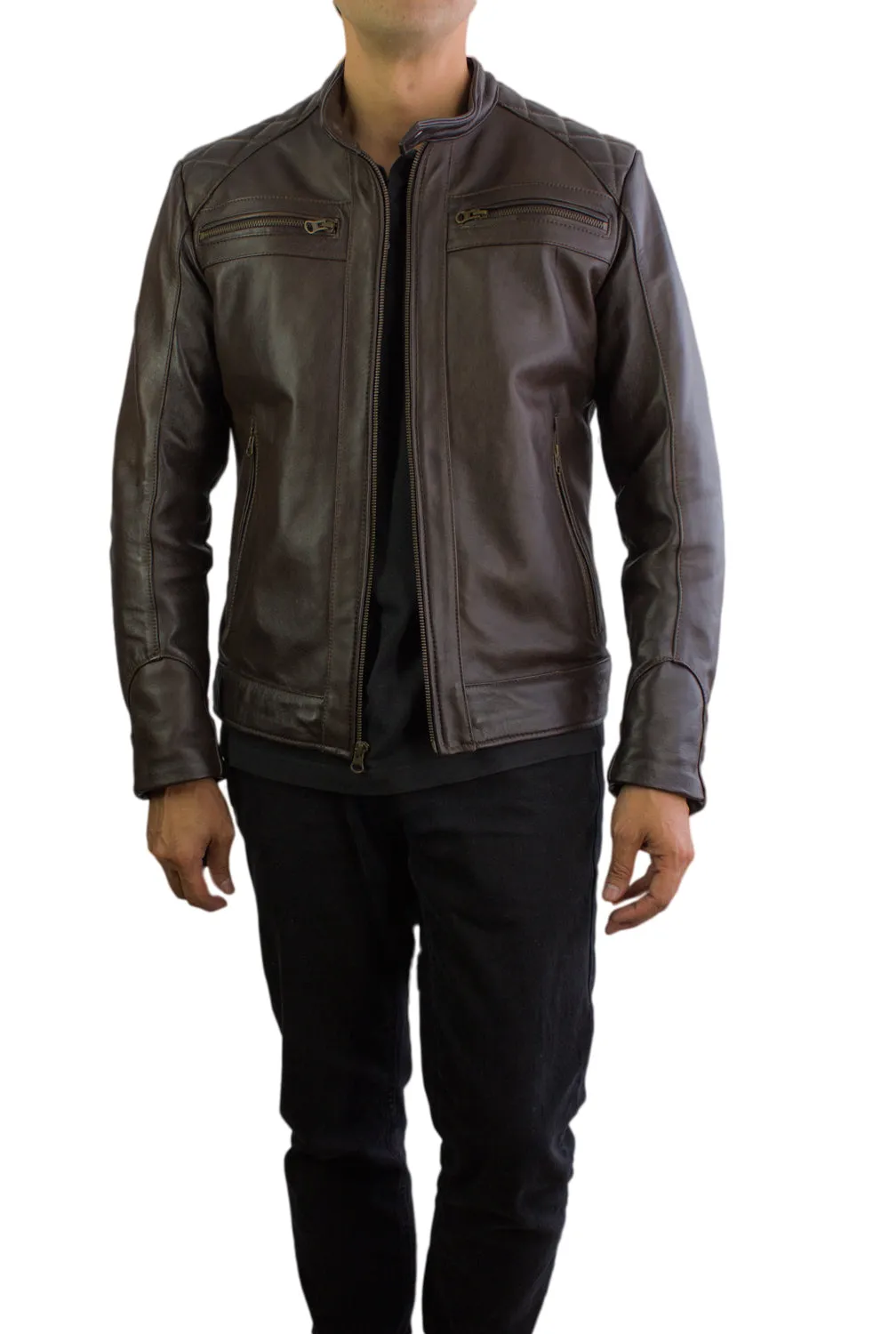 MOTO Leather Jacket  Brown Cafe Racer