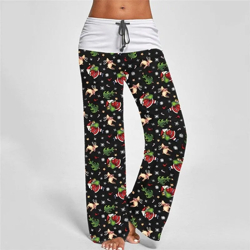 New Autumn Women Christmas Style Long Pants Vintage Print Casual Wide Leg Pants Streetwear Female Patchwork Loose Pant