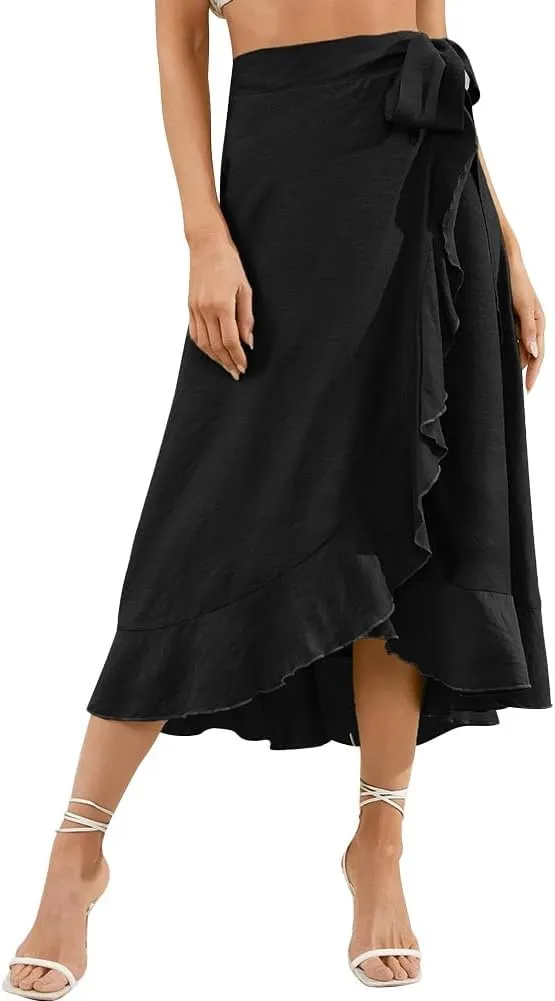 OBEEII Women Ruffle Wrap Skirt Summer Casual High Waist Tie Flowy Beach Skirt High Low Asymmetrical Split Midi Skirts