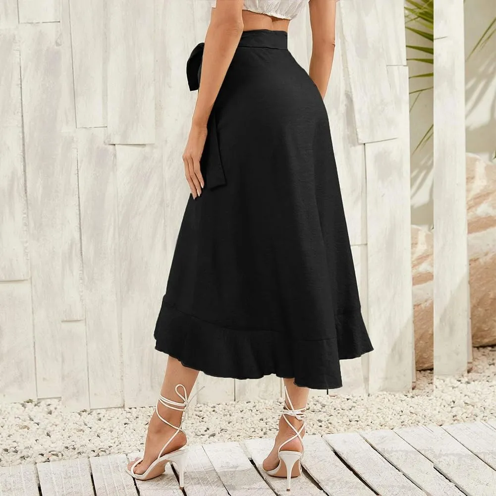 OBEEII Women Ruffle Wrap Skirt Summer Casual High Waist Tie Flowy Beach Skirt High Low Asymmetrical Split Midi Skirts