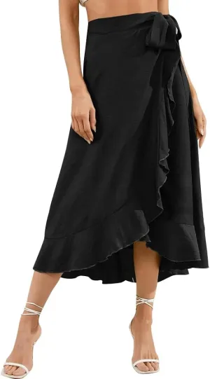 OBEEII Women Ruffle Wrap Skirt Summer Casual High Waist Tie Flowy Beach Skirt High Low Asymmetrical Split Midi Skirts