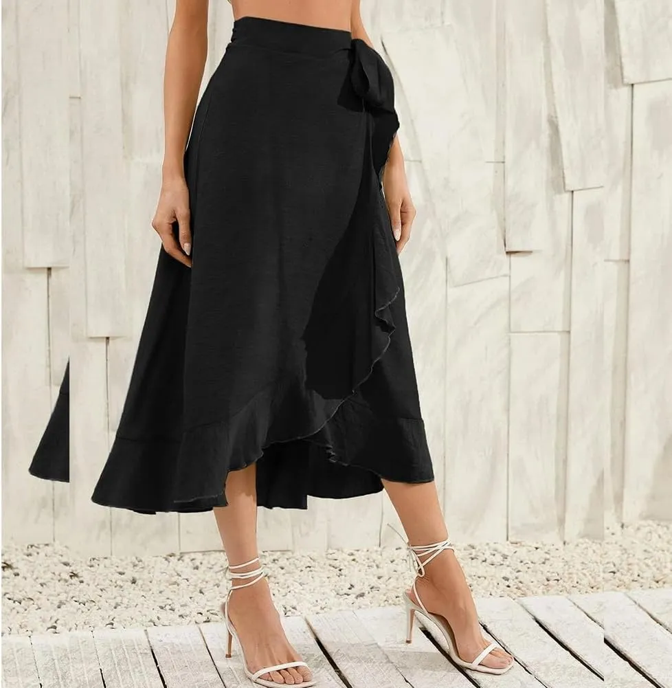 OBEEII Women Ruffle Wrap Skirt Summer Casual High Waist Tie Flowy Beach Skirt High Low Asymmetrical Split Midi Skirts