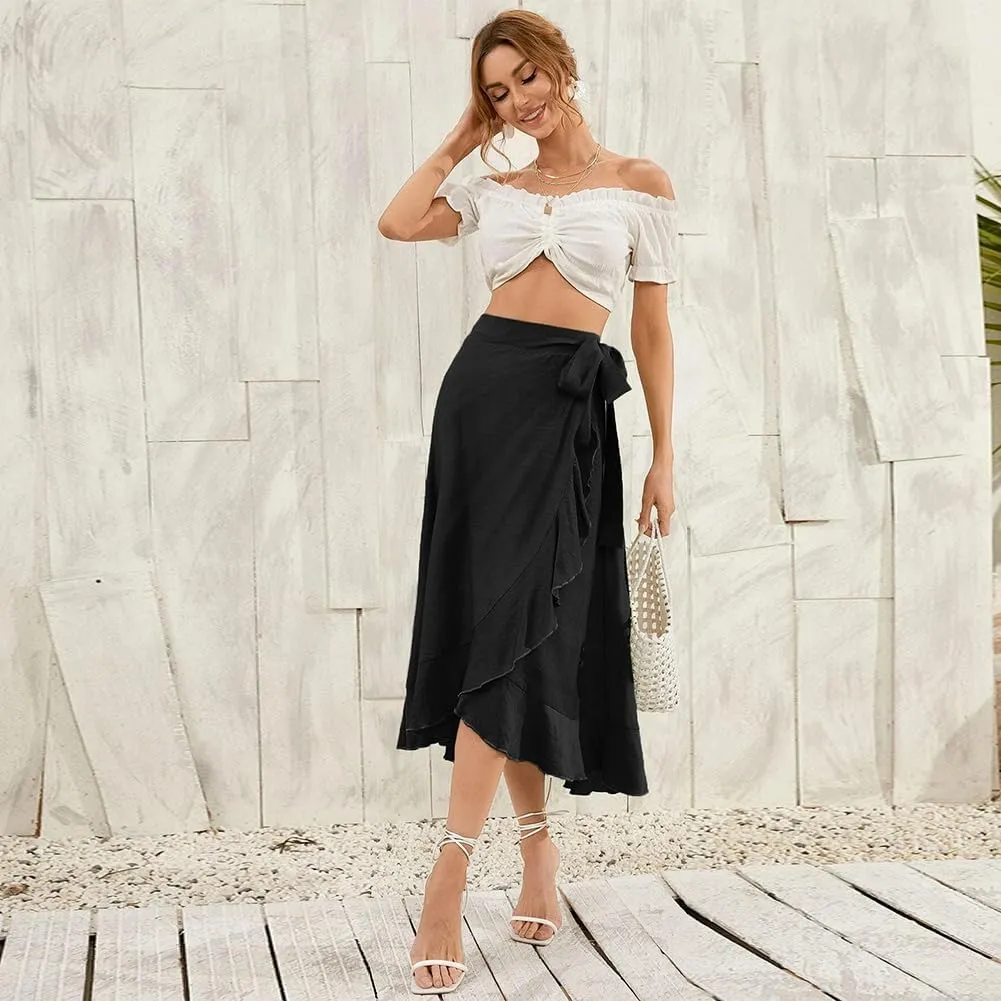 OBEEII Women Ruffle Wrap Skirt Summer Casual High Waist Tie Flowy Beach Skirt High Low Asymmetrical Split Midi Skirts