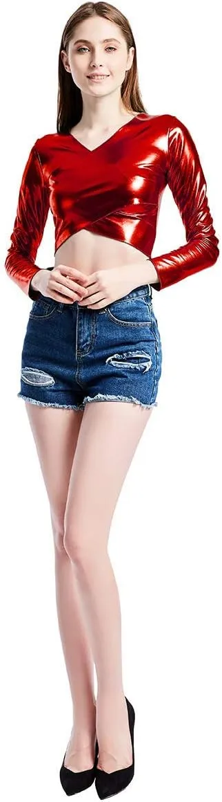 OBEEII Womens Metallic Crop Top Long Sleeve Shirt Shiny V Neck Tank Tops Holographic Night Out Rave Festival Club Top