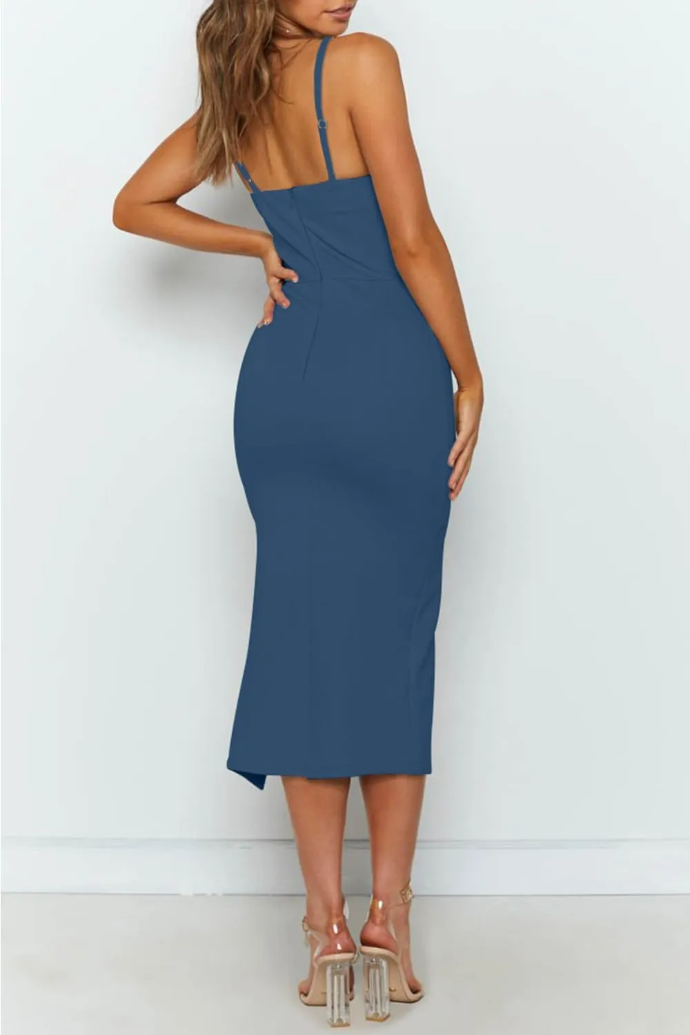 OWIN Women's Adjustable Spaghetti Straps Sleeveless High Waist Split Midi Bodycon Cocktail Party Dress