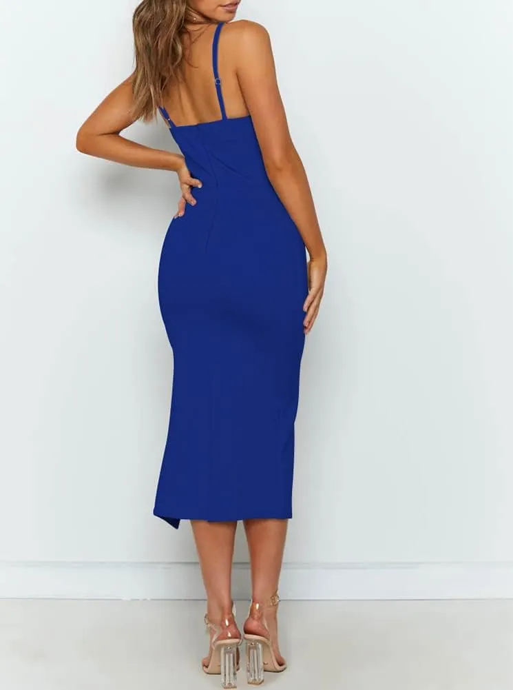 OWIN Women's Adjustable Spaghetti Straps Sleeveless High Waist Split Midi Bodycon Cocktail Party Dress