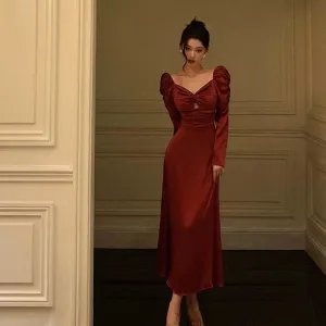 Red long-sleeved satin dress sexy party dress    S5513
